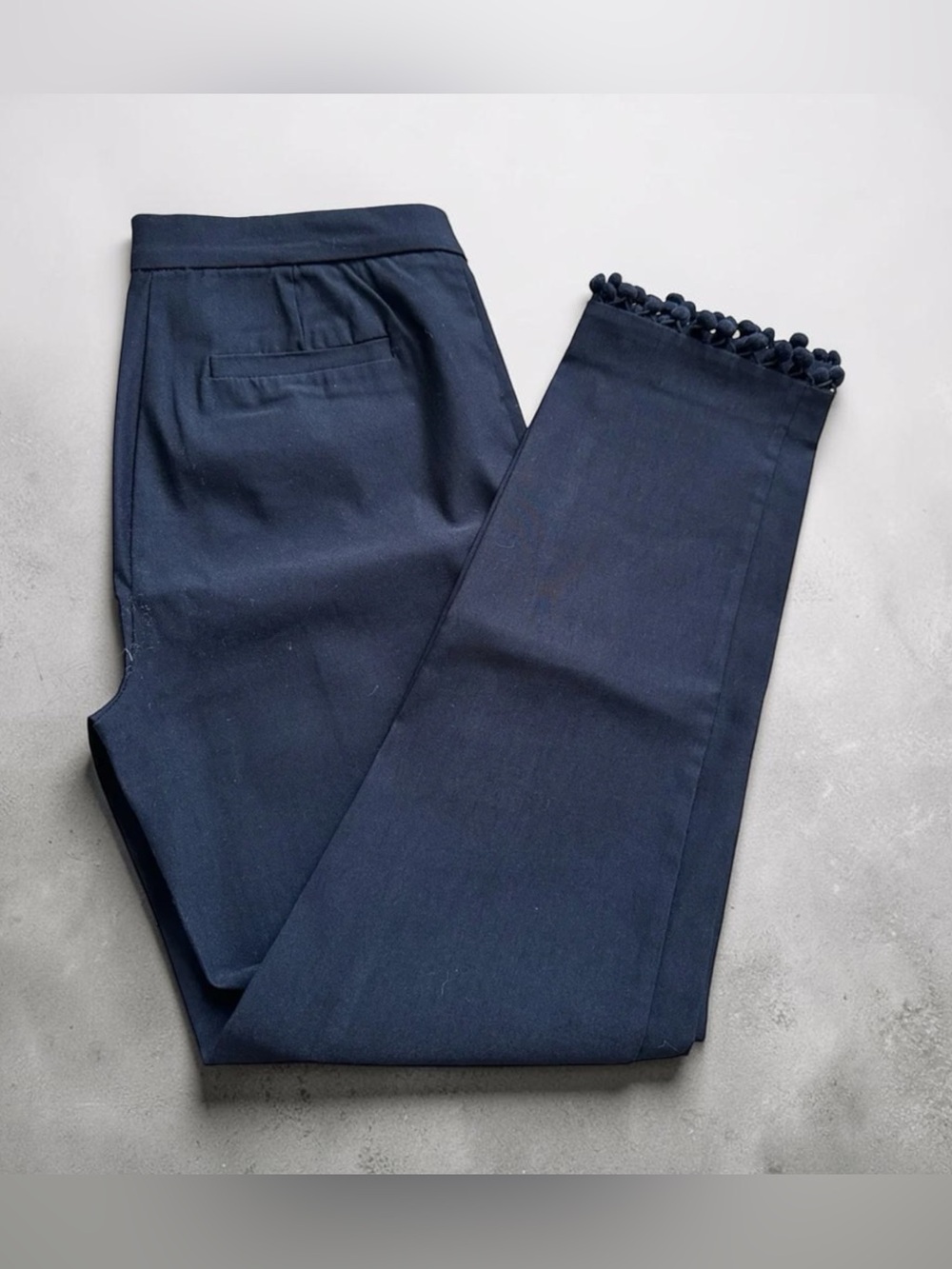 Black Straight-Leg Pants with Pom Trim
